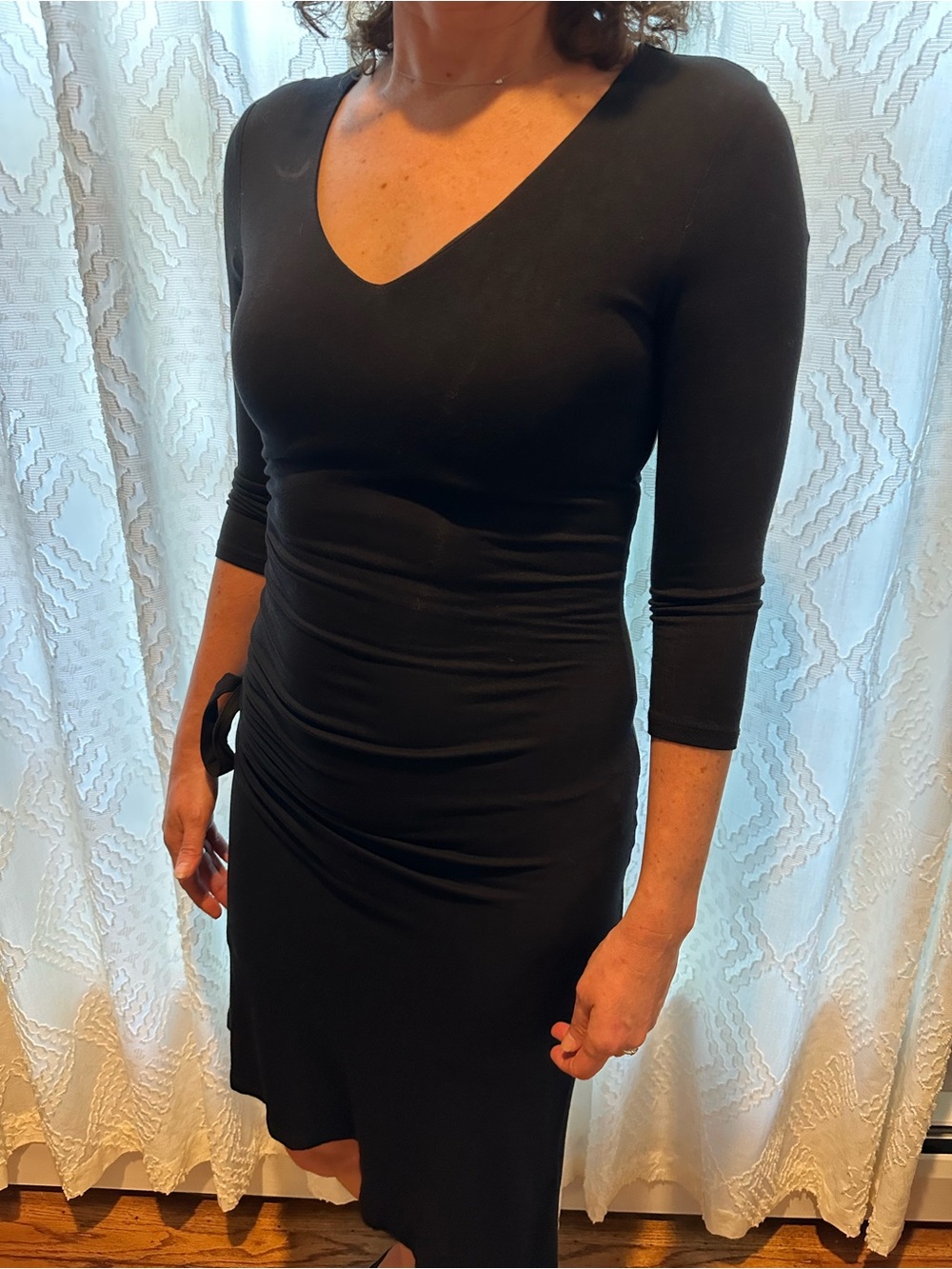 INC International Concepts Black V-Neck Ruched Midi Dress, Asymmetrical hem